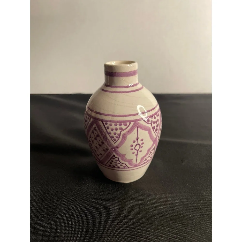 doTERRA Handmade Moroccan‎ Ceramic Bud Vase Purple Hand Painted Geometric 4.5in